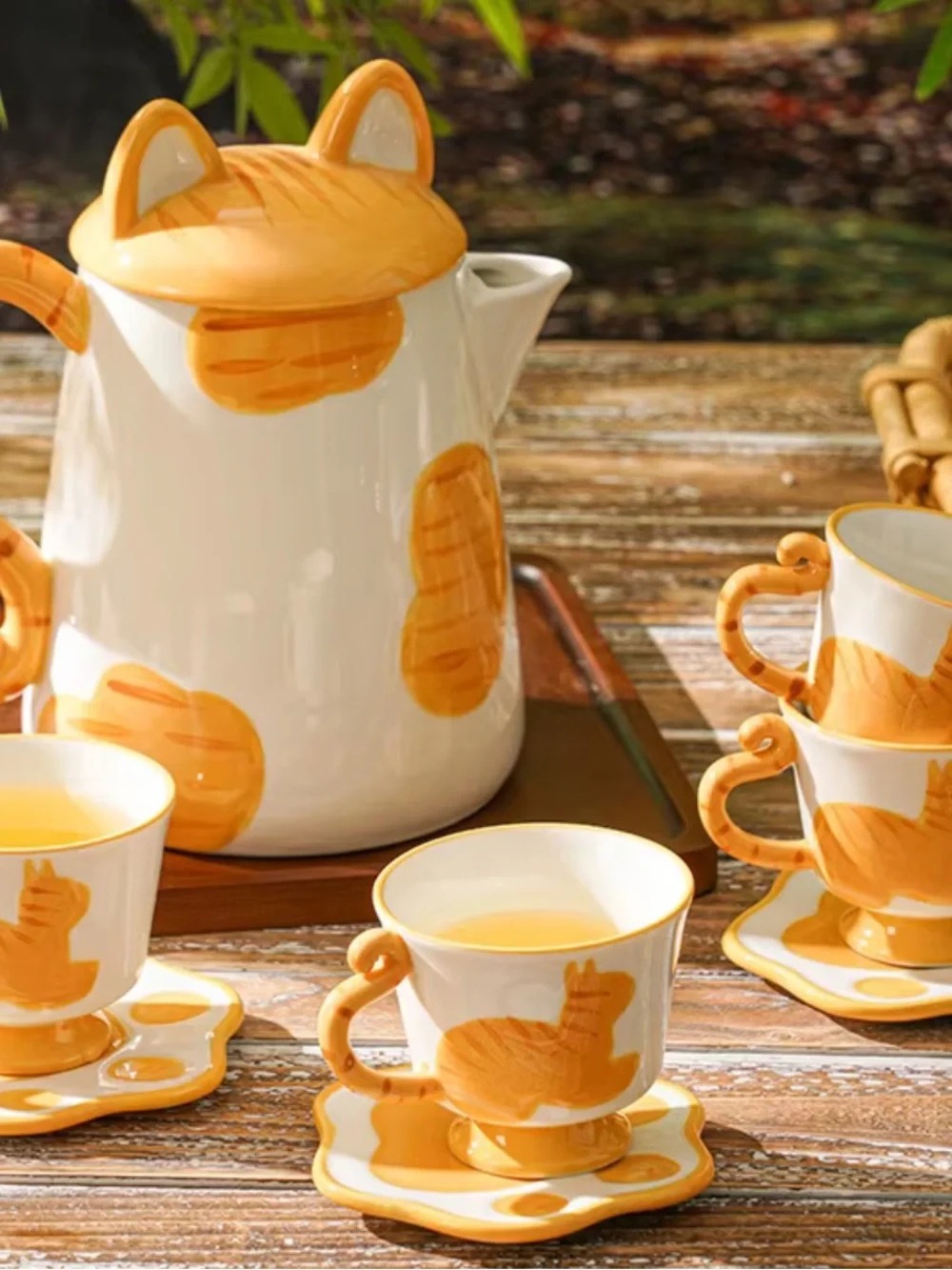 Ceramic Cat Teapot and Cup Set in Orange